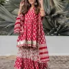 RED PAISLEY HANDBLOCK SHARARA SET