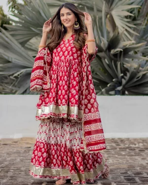 RED PAISLEY HANDBLOCK SHARARA SET