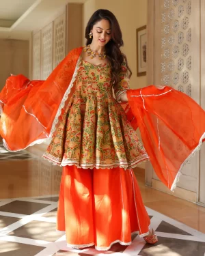 JAFFA ORANGE HANDBLOCK SHARARA SET