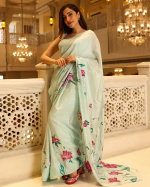 GREEN CARDAMOM HANDPAINTED SILK SAREE