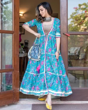 GREEN BLUSH HANDBLOCK SUIT SET
