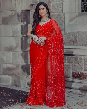 RED JOY PURE CHIFFON SAREE